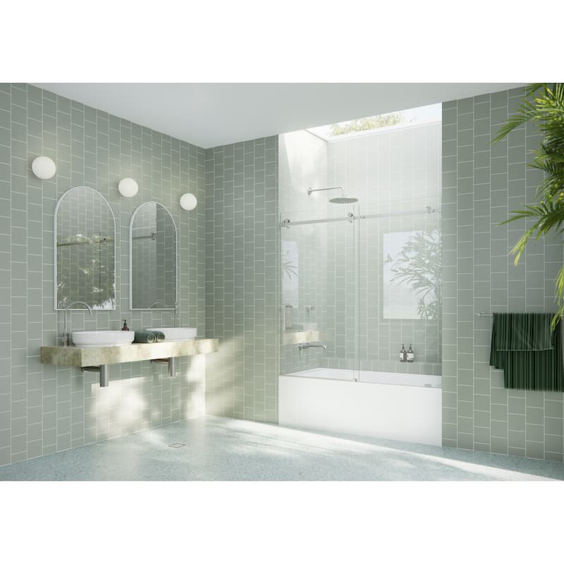 Glass Warehouse 56 in. - 60 in. x 60in. Frameless Bath Tub Sliding Shower Door with Square Hardware - Brushed Nickel