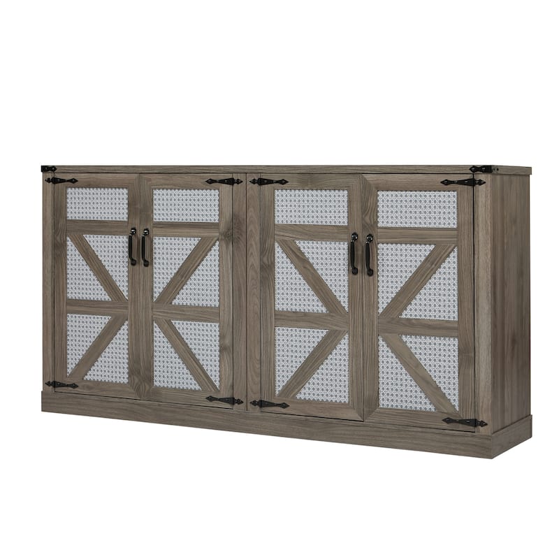 Faux Rattan 4-Barn Doors Sideboard with Adjustable Shelf