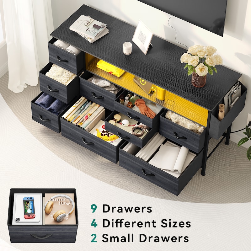 Moasis 50"W 9-drawer Fabric Dresser, Media Console, TV Stand with Outlets, RGB Lights