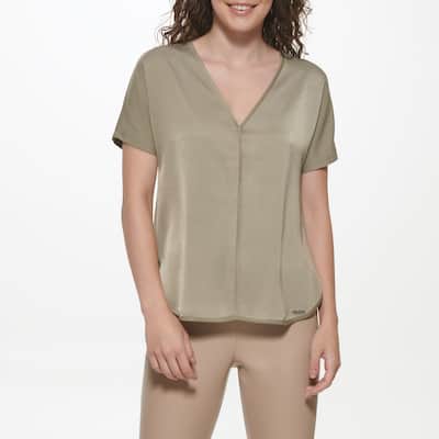 DKNY Woven V-Neck Short Sleeve Blouse