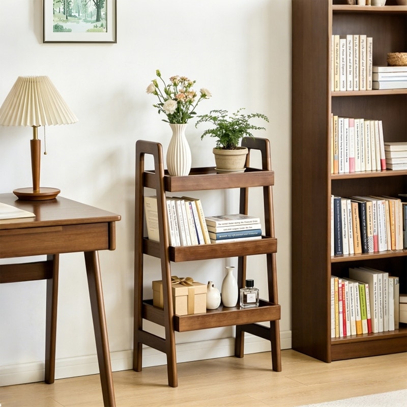 3 Tier Solid Wood Ladder Shelf with Open Storage for Home Office