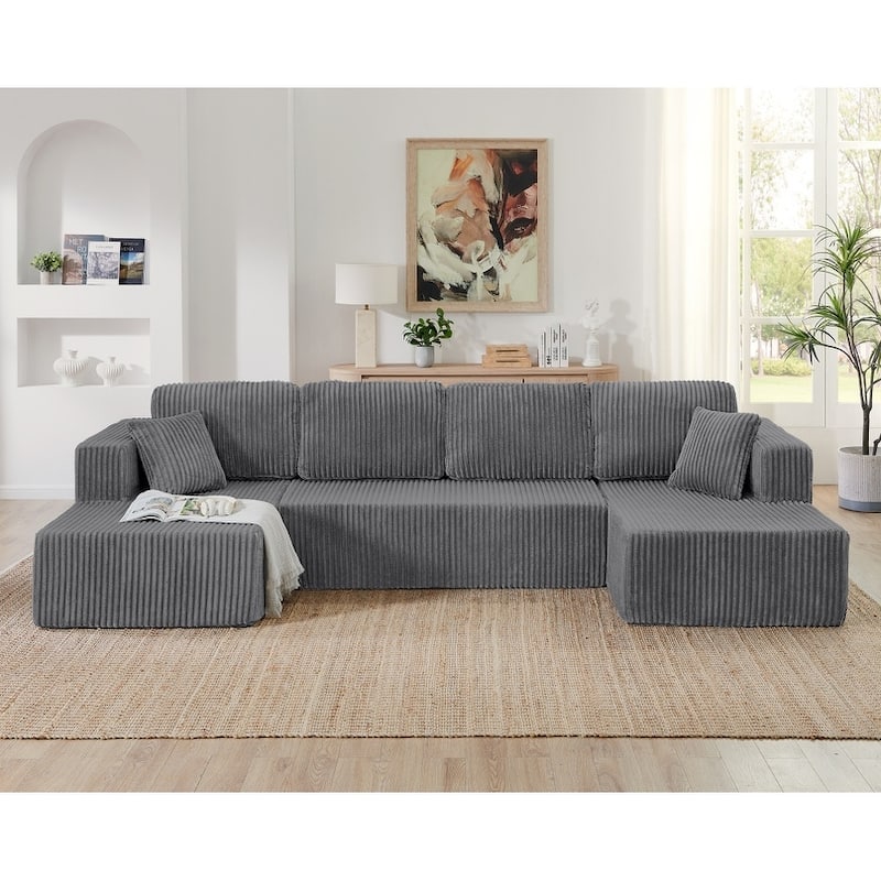 132.48" U-shaped Modular Square Armrests Sectional Sofa with 2 Pillows