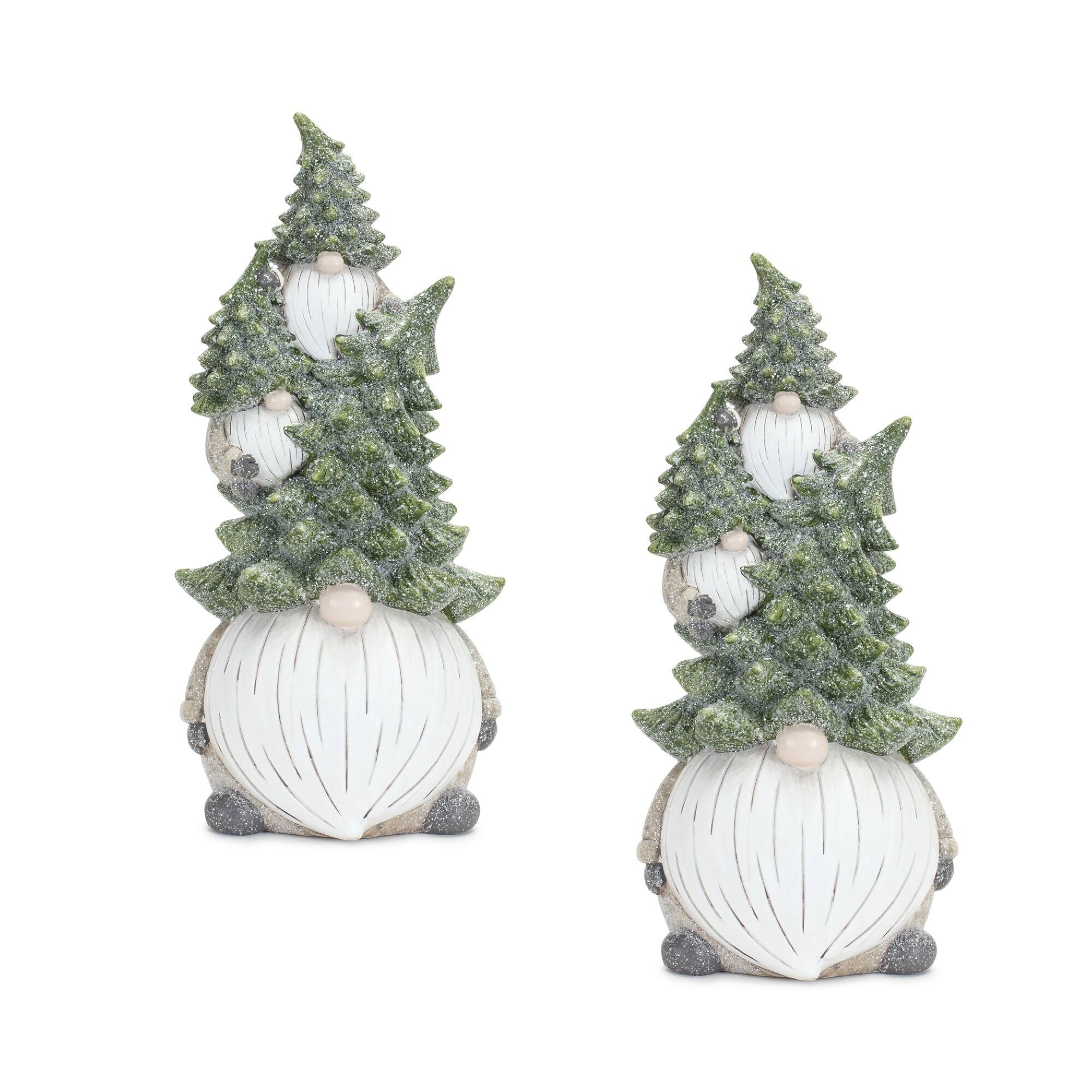 Set of 2 Frosted Triple Gnome Stack Christmas Figurines 11.75