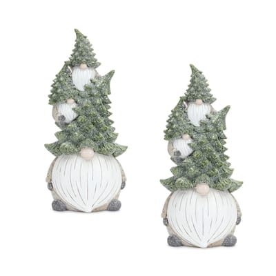 Set of 2 Frosted Triple Gnome Stack Christmas Figurines 11.75"