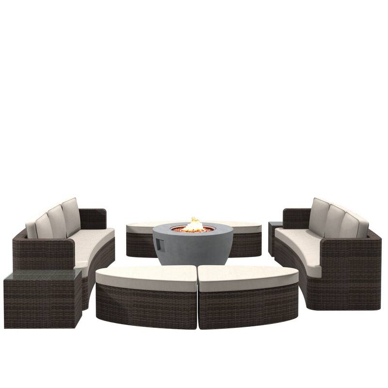 9-piece Patio Wicker Daybed Set with Concrete Fire Pit Table