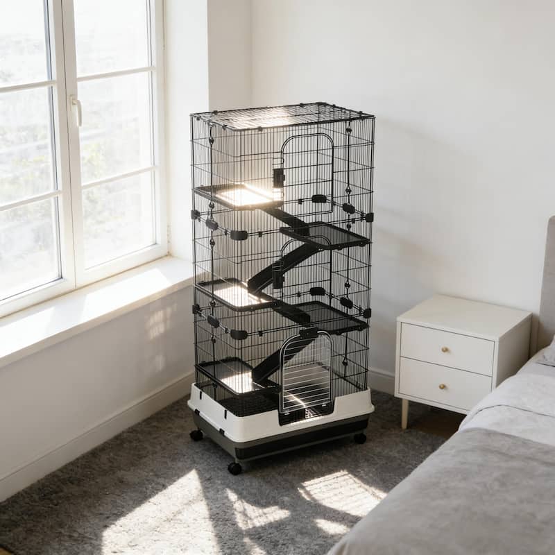 Small Animal Rabbit Cage,Spacious Pet House is designed for convenient cleaning - Black,White - Black,White