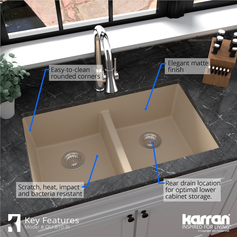 Karran 32" Undermount Double Equal Bowl Quartz Kitchen Sink Kit - 32" x 19.5" x 9"