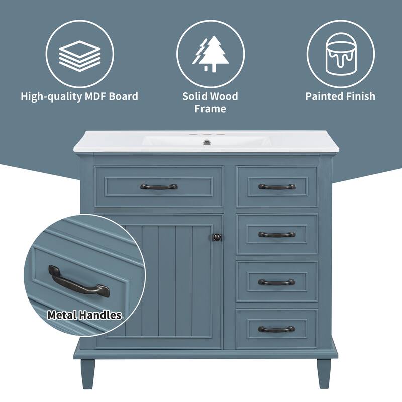 36 Inch Bathroom Vanity with Ceramic Sink Top, Solid Wood Frame, MDF & Poplar Cabinet, Flip Drawers, Adjustable Shelf