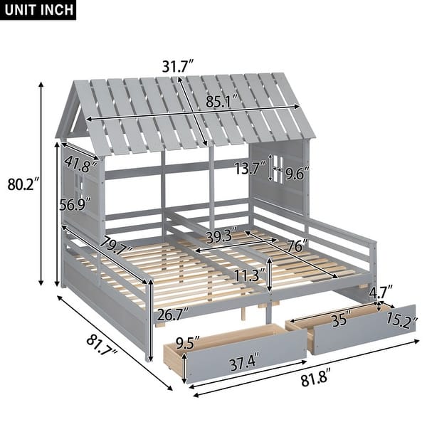 dimension image slide 1 of 2, Twin Size House Platform Beds with Two Drawers,Combination of 2 Side by Side Twin Size Beds