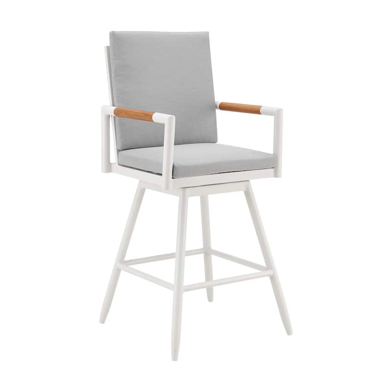 Razi 30 Inch Outdoor Swivel Barstool Chair, White Aluminum, Gray Cushions