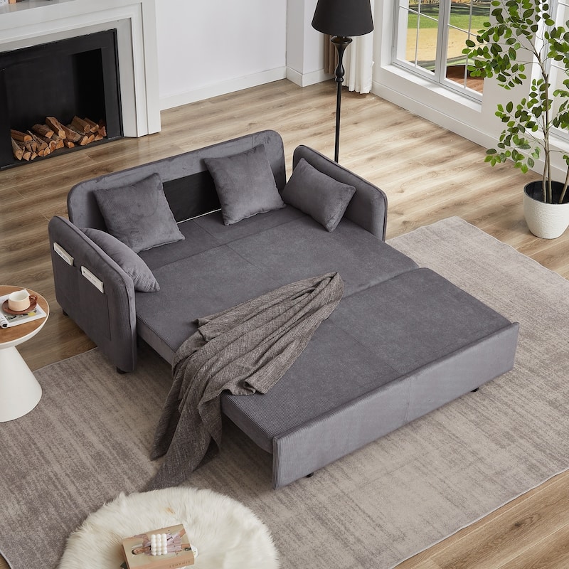 66 Inch Sleeper Sofa Bed with Pullout Bed 4 Pillows and Side Pockets Soft Corduroy Convertible Sleeper Sofa Bed
