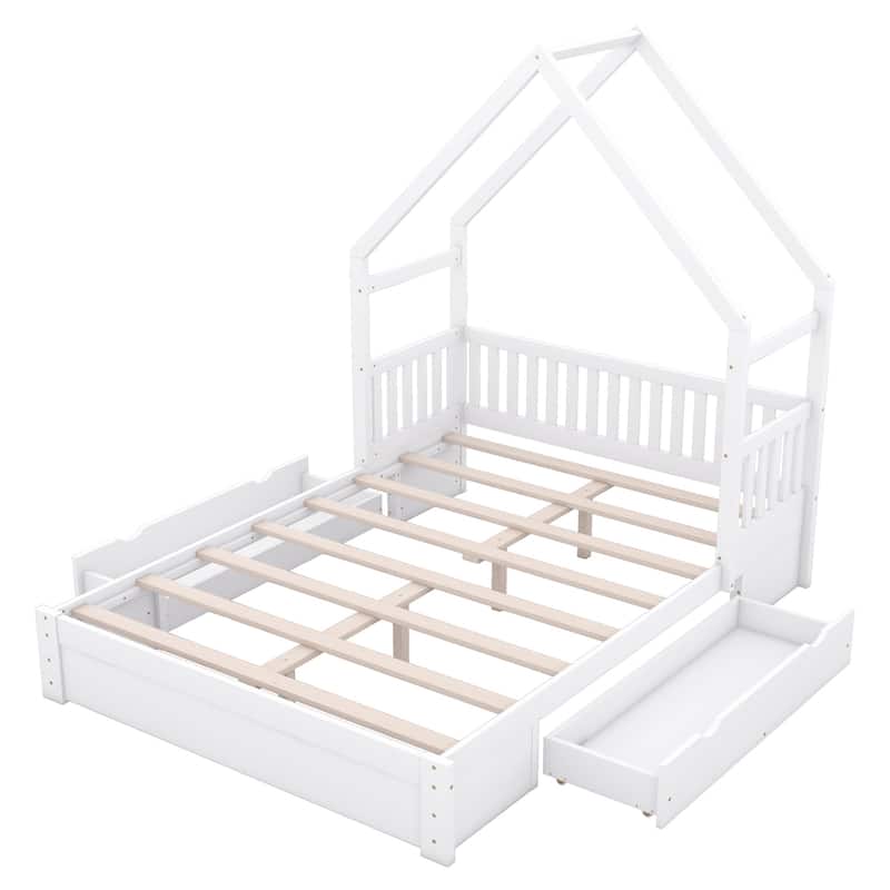 Wood Queen Size House Platform Bed with Guardrail and 2 Drawers - White