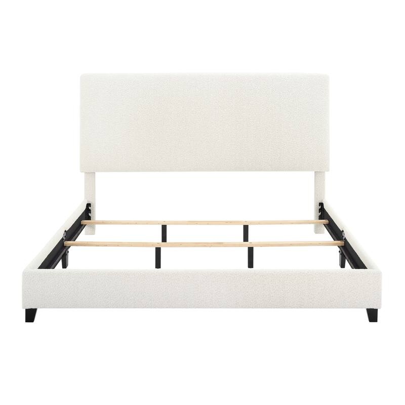 Queen Size White Boucle Upholstered Platform Bed with Padded Headboard