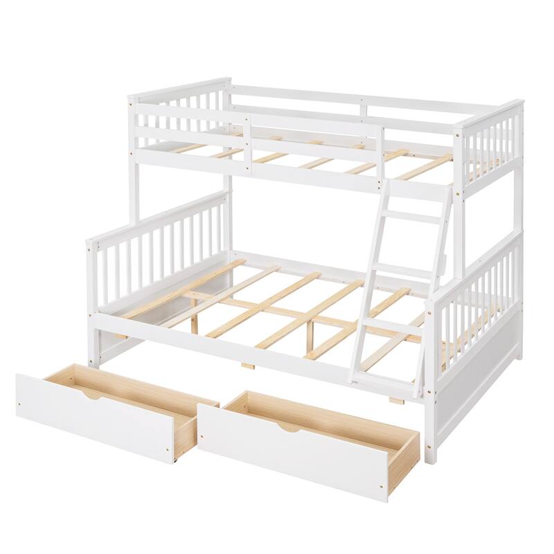 Twin-Over-Full Bunk Bed with Ladders and Storage Drawers in White