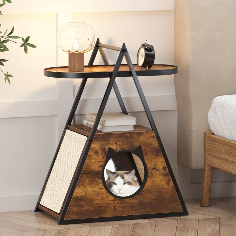 Cat House, End Table.Wood Cat Condo Black Vintage Pet Furniture - Black+Vintage