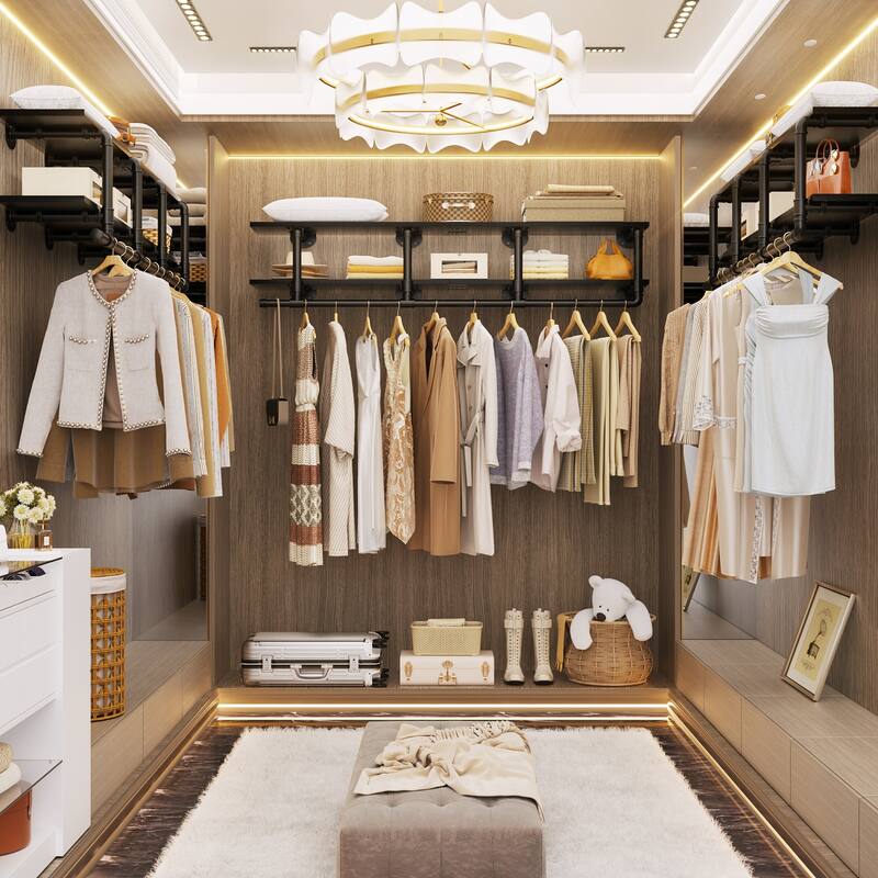 Floating Pipe Heavy-Duty Garment Rack, Wall-Mounted Closet Organizer with Storage Shelves