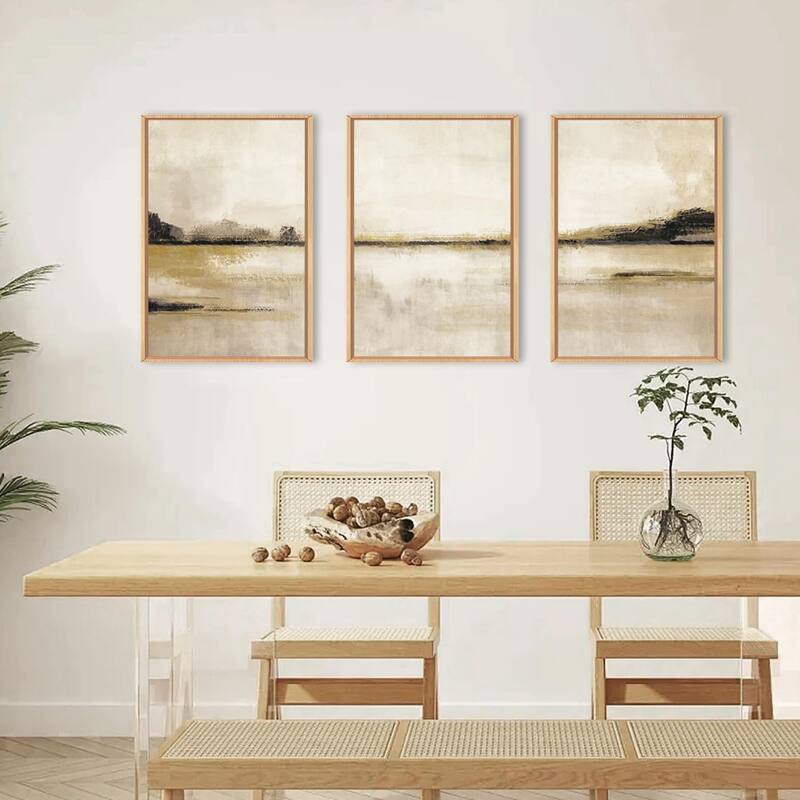 Abstrcat Mountain Lake Wall Decor, Neutral Tan Scenery Wall Painting