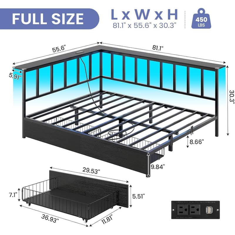 Corner Bed Frame 2 Storage Drawers Daybed Charging Station LED Lights
