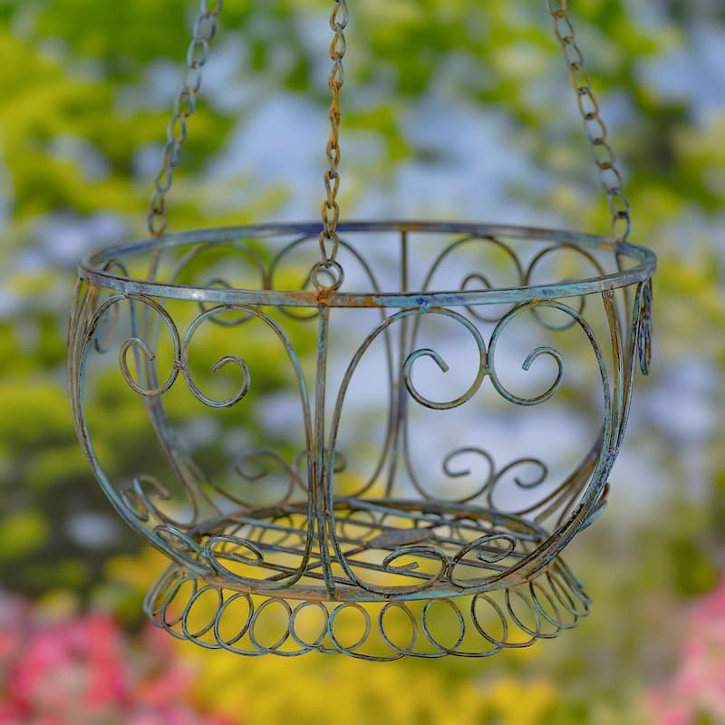 Set of 2 Iron Hanging Basket Planter in Antique White - 12.2" L x 12.2" W x 28.5" H - Antique Blue
