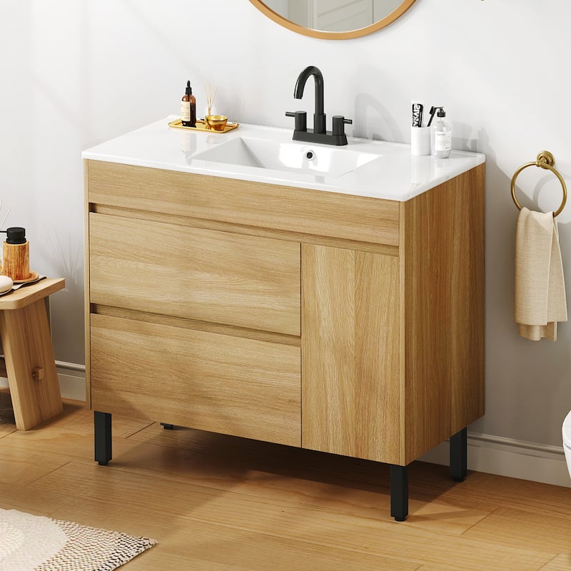Moasis 36 Inch Freestanding Bathroom Vanity with Ceramic Sink 1 Cabinet and 2 Drawers