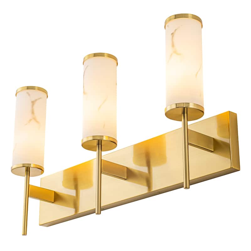 3-Light Gold Vanity Light Cylindrical Marble Crackle Glass Shades