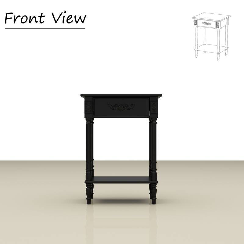 Vintage End Table with Drawer and Shelf, French Style Nightstand with Solid Wood Legs, White Accent Table