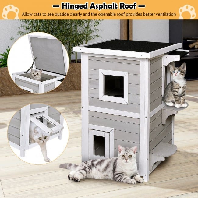 2-Story Wooden Cat House with Escape Door Rainproof - 17.5" x 18" x 31" (L x W x H)