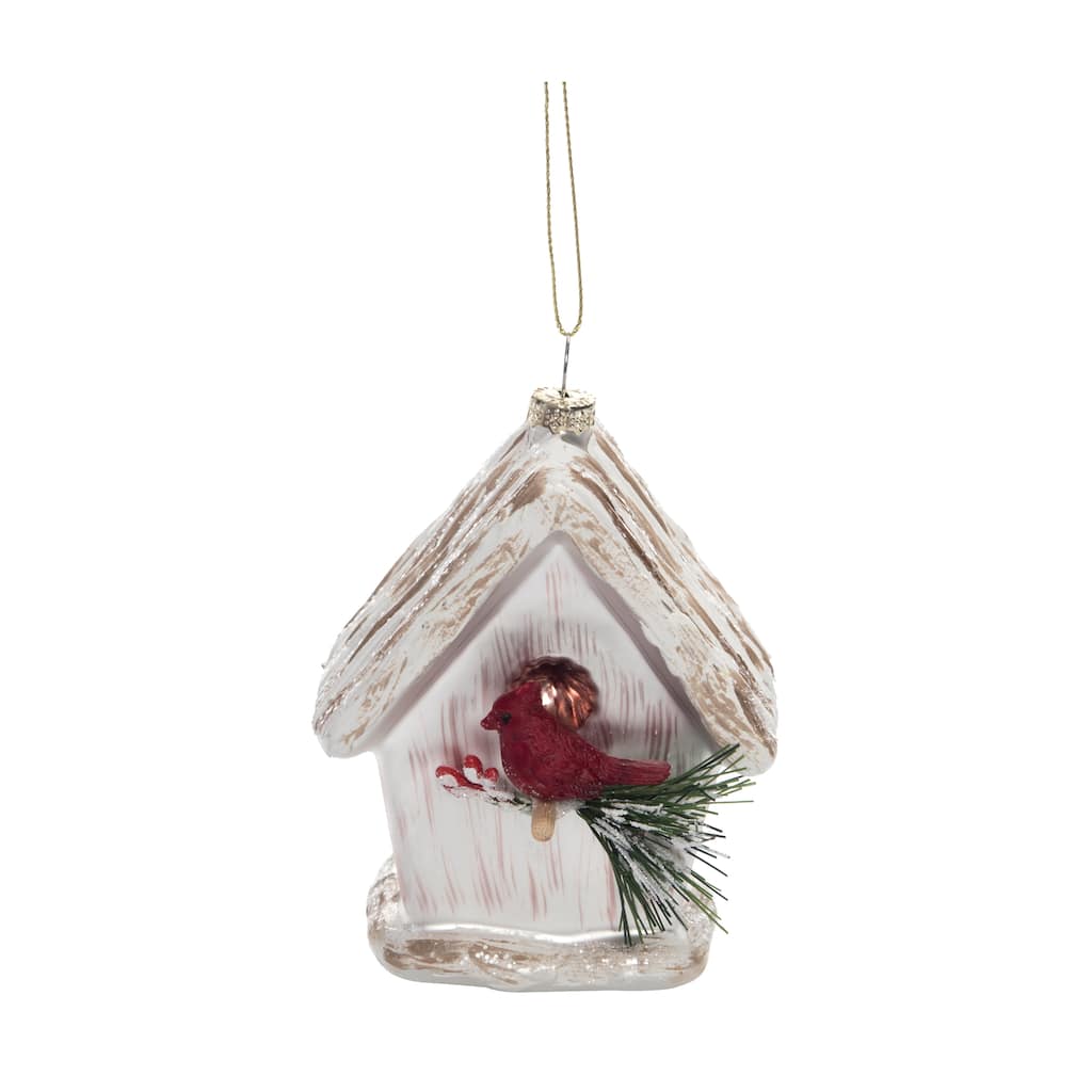 Transpac Glass 4.88 in. Cream Christmas Woodland Cardinal Bird House Ornament