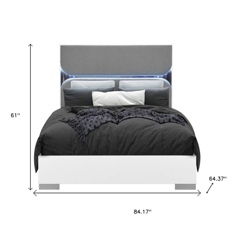 HomeRoots White and Gray Wood And Upholstery Lighted Queen Bed Frame