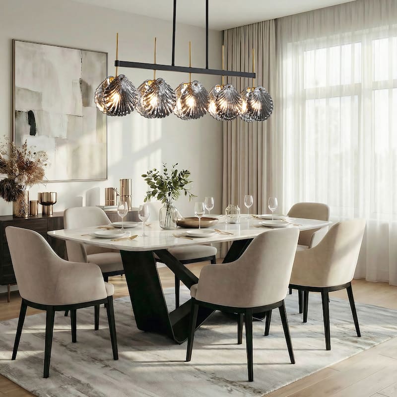Modern 5-Light Linear Chandelier with Smoky Gray Glass Shades for Dining Room or Kitchen Island