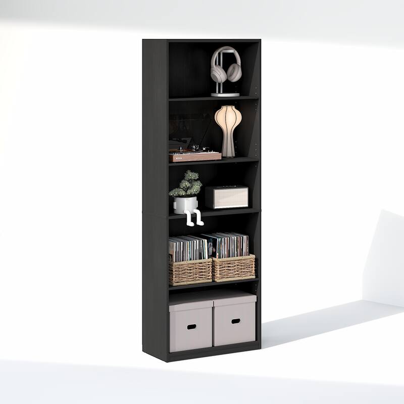 Furinno GEHRY 5-Tier Media Storage, CD DVD Media Tower, with Adjustable Shelves, for Living Room, Home Office - Blackwood