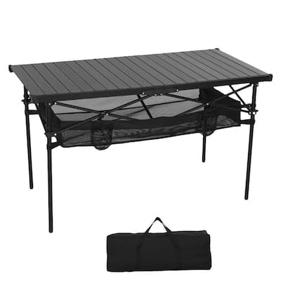Lightweight Aluminum Camping Table with Roll-Up Top, Mesh Storage, Cup Holders & Carry Bag for Outdoor BBQ, Picnic, Sports
