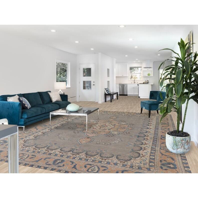 Hand Knotted Oriental 100% Wool Carpet Traditional Floral Greys & Charcoal Tabriz Area Rug - 12' 6'' X 9' 4''