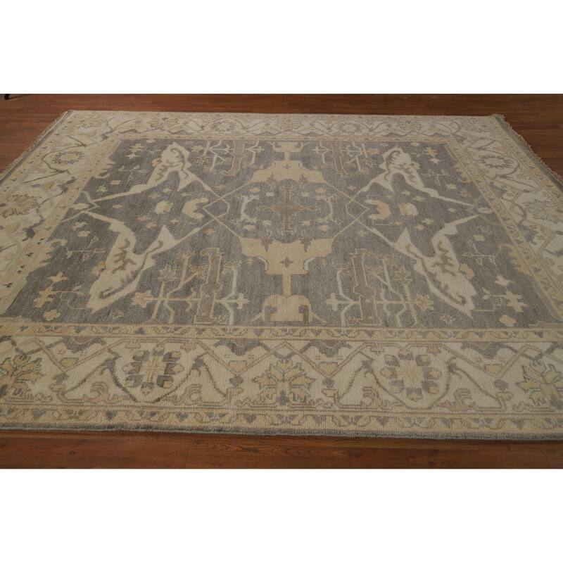Transitional Grey Oushak Indian Area Rug Hand-Knotted Wool Carpet - 8'3" x 9'10"