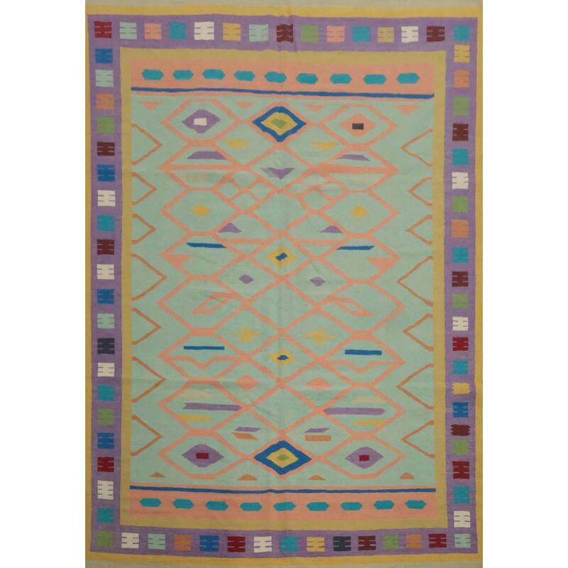 Hand Woven Oriental 100% Wool Carpet Southwestern Tribal Green Kilim Area Rug - 10' 7'' X 8' 5''