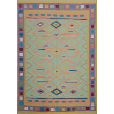 Hand Woven Oriental 100% Wool Carpet Southwestern Tribal Green Kilim Area Rug - 10' 7'' X 8' 5''