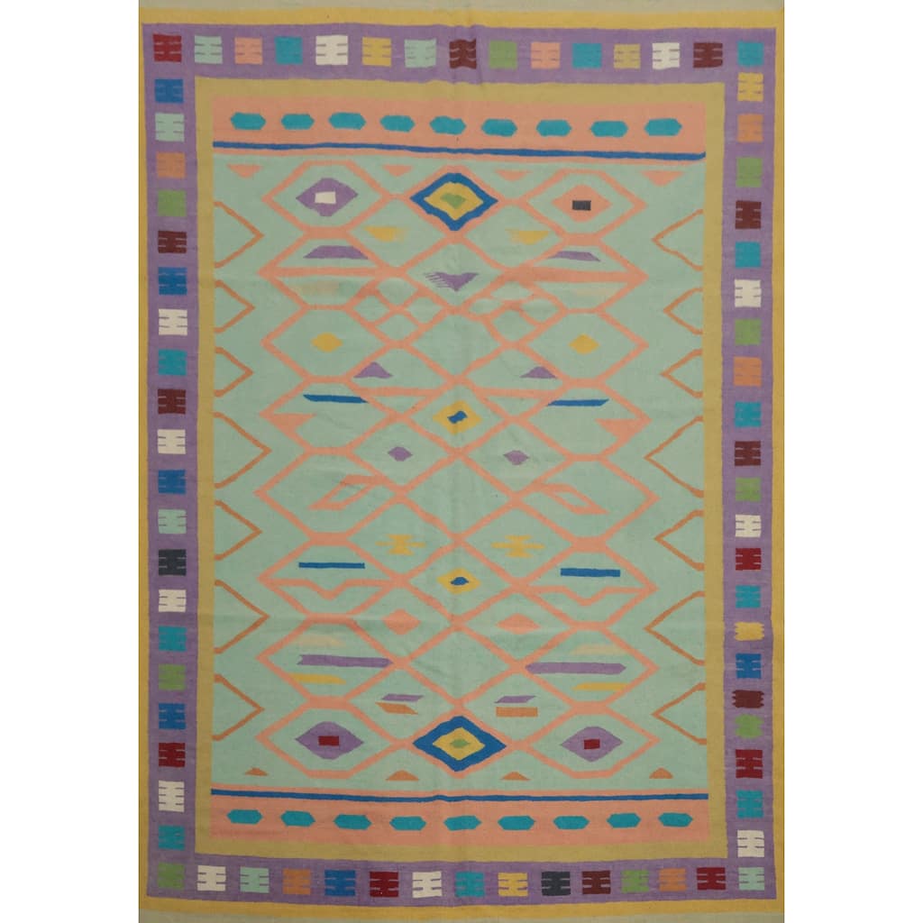 Hand Woven Oriental 100% Wool Carpet Southwestern Tribal Green Kilim Area Rug - 10' 7'' X 8' 5''
