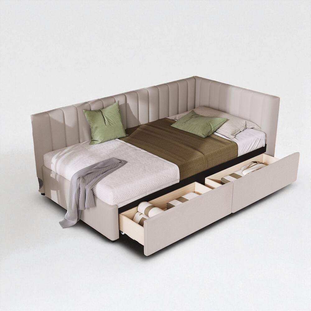 Twin Size Upholstered Daybed with 2 Storage Drawers, Linen Fabric Sofa Bed Frame, No Box Spring Needed