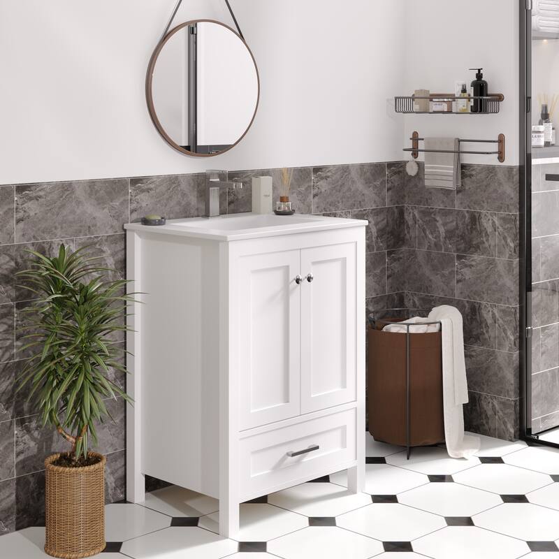 EROMMY All-in-One Bathroom Vanity with Ceramic Sink, Soft-Close Storage Cabinet & Drawer, Glossy Countertop, White - 23"