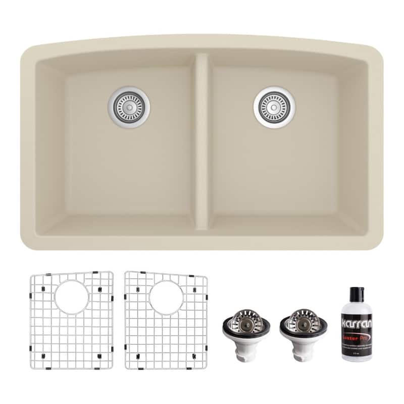 Karran Undermount Quartz 32 in. 50/50 Double Bowl Kitchen Sink Kit