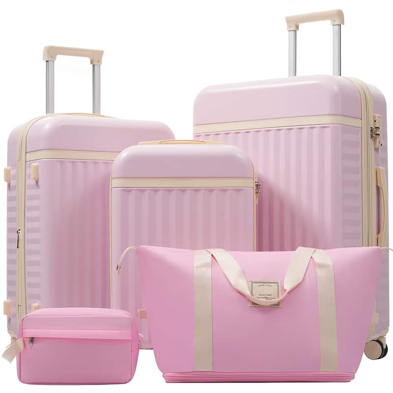 5 Piece Luggage Sets w/Spinner Wheels, Hardshell ABS Suitcase Set w/Tsa Lock, Lightweight Hardside Waterproof Travel Suitcases - Pink