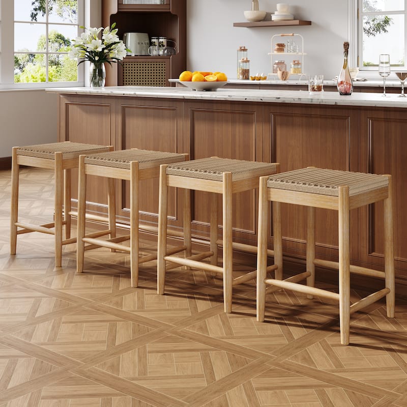 Christopher Knight Home - Veyron Acacia Wood and Wicker Backless Stools - Set of 4 - Natural