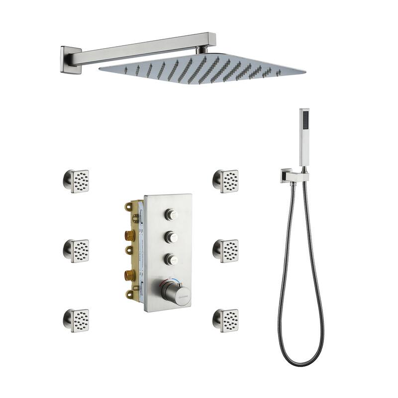 3 Functions 12 Inch Wall Mount Thermostatic Shower System in Brushed Nickel - Brushed Gold