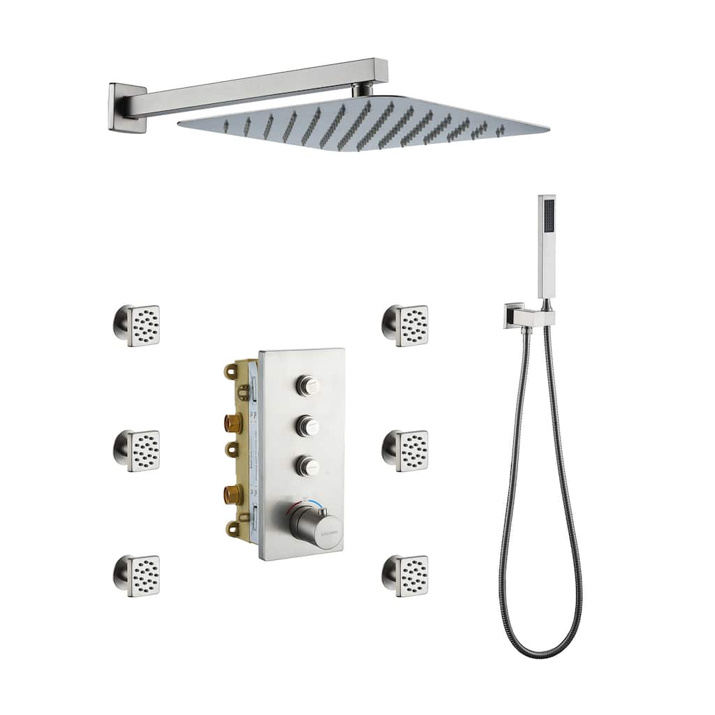 3 Functions 12 Inch Wall Mount Thermostatic Shower System in Brushed Nickel
