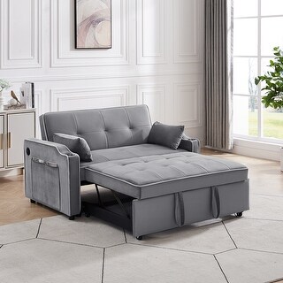 Grey Velvet Sleeper Loveseat 3 in 1 Recliner Sofa w/ Pull Out Bed