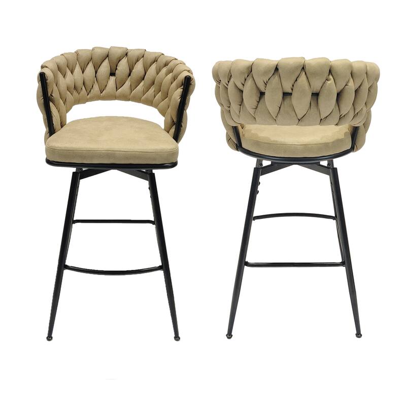 Counter Height Bar Stools Set of 2, Swivel Bar Stools with Woven Back, Kitchen Island Chairs with Footrest and Metal Frame
