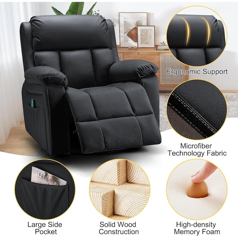 Heated 360° Swivel Massage Recliner Chair - Luxury PU Leather Reclining Sofa with Side Pocket for Living Room