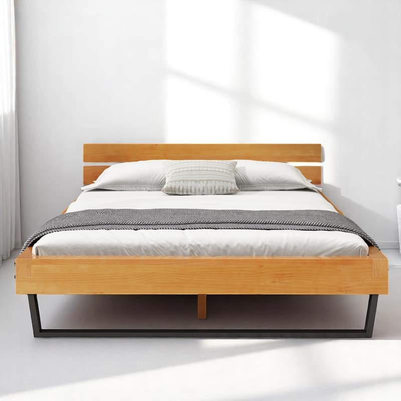 Queen/King Size Bed Frame with Headboard, Solid Pine Wood and Iron Platform Bed, Industrial Modern Design, No Box Spring Needed - Queen