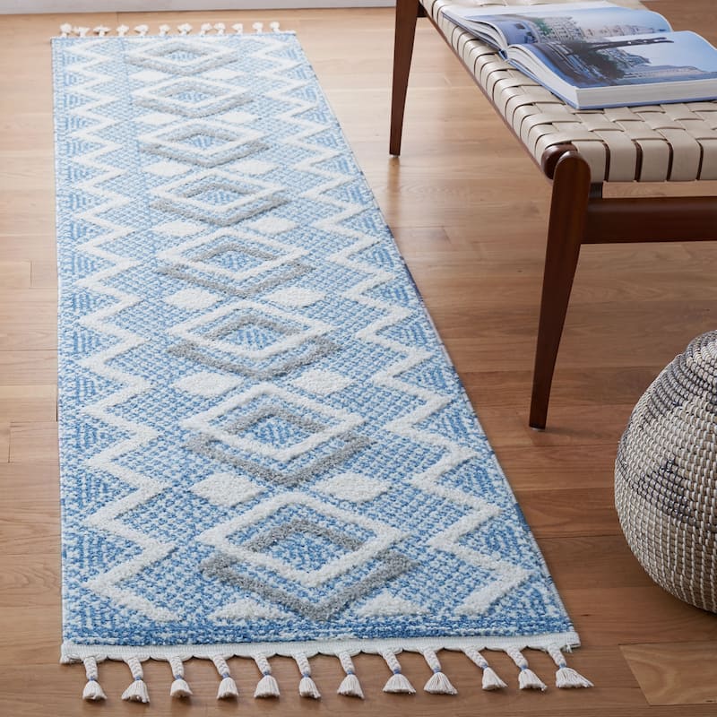 SAFAVIEH Moroccan Tassel Shag Portia Tribal 0.75-inch Thick Rug - 2'2" x 9' Runner - Ivory/Light Blue