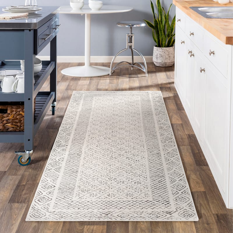Livabliss Tiffany Grey Bohemian Border Area Rug - 2'7" x 7'3" Runner - Medium Grey
